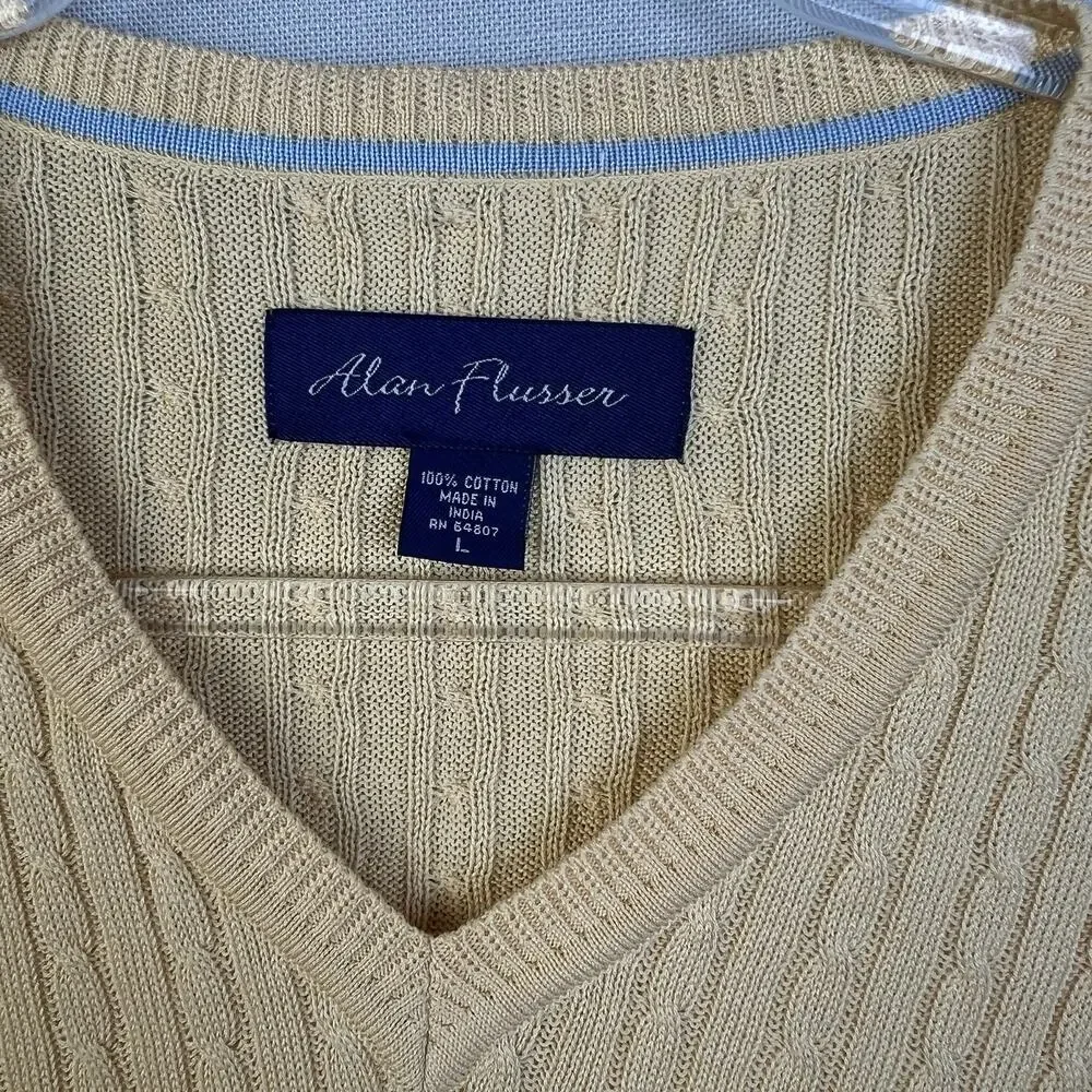 Alan Fluesser V Neck Cable Knit Sweater Vest Men Large Yellow Cotton Preppy Golf